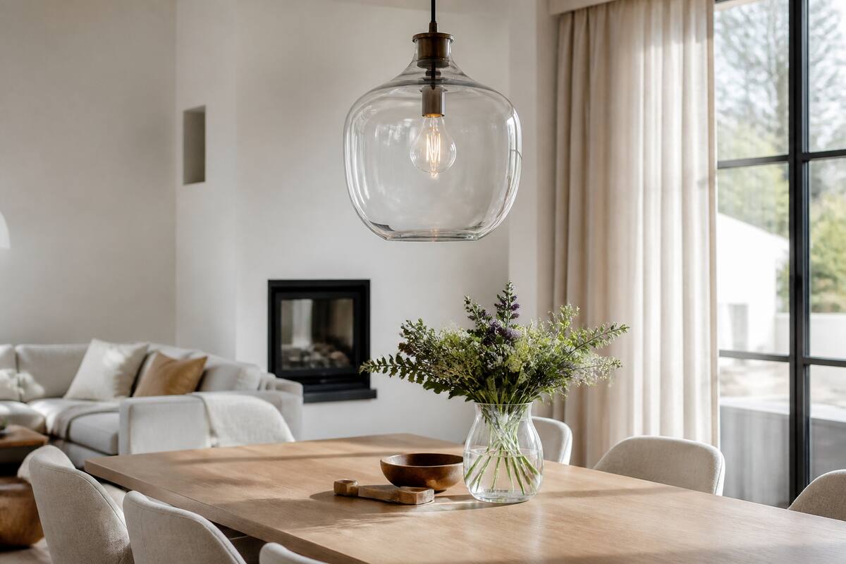 Schone glazen hanglamp boven een houten eettafel in een modern interieur