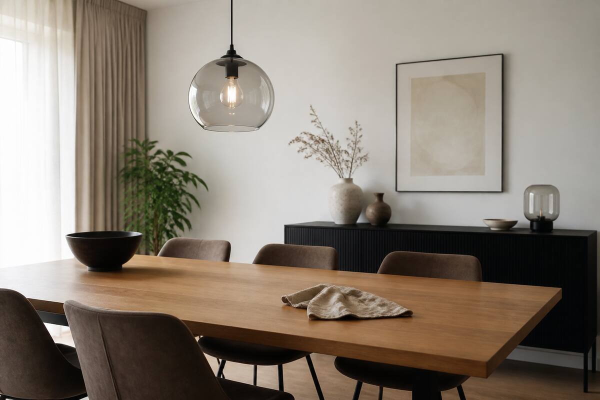Glazen hanglamp boven een eettafel in een rustig modern interieur