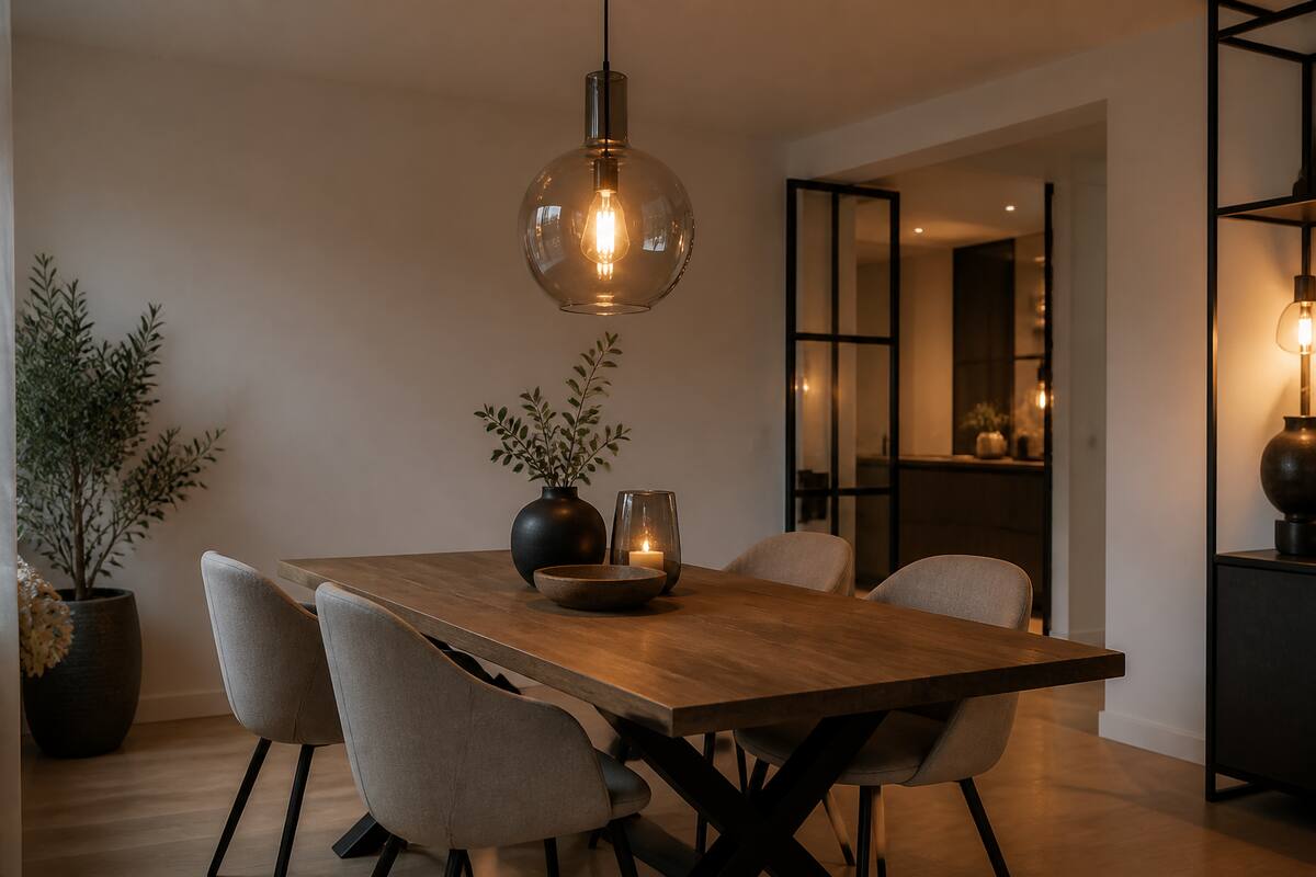 Glazen hanglamp boven een moderne eettafel in een warm interieur