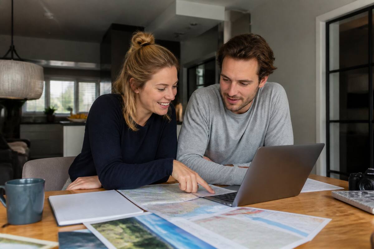 Reiziger die vakanties vergelijkt met laptop en reisnotities aan tafel