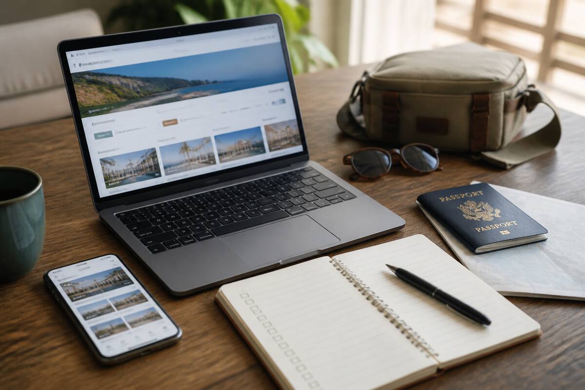 Reistafel met telefoon en papieren met vakantiesamenvattingen, verschillende reisopties naast elkaar