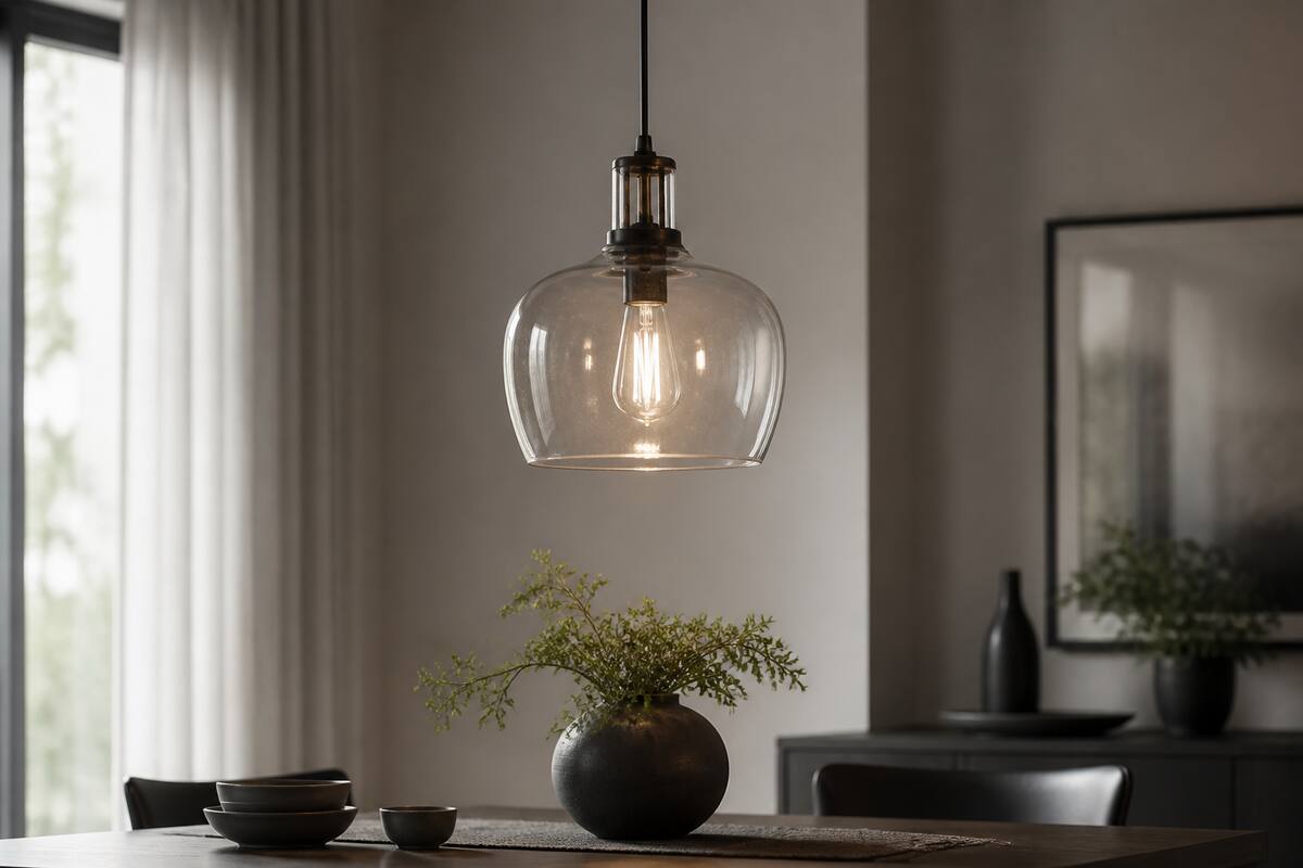 Realistische foto van een glazen hanglamp boven een eettafel met warm licht
