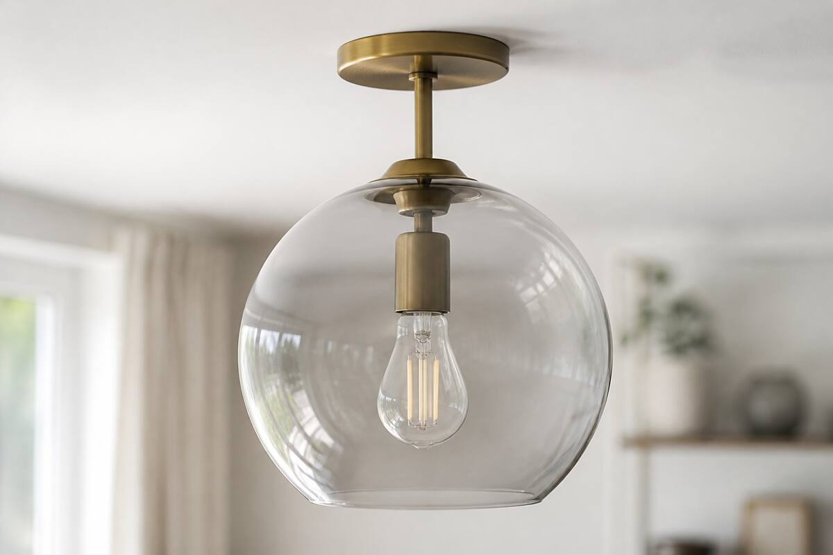 Glazen hanglamp in een lichte ruimte met focus op het glas en de ophanging
