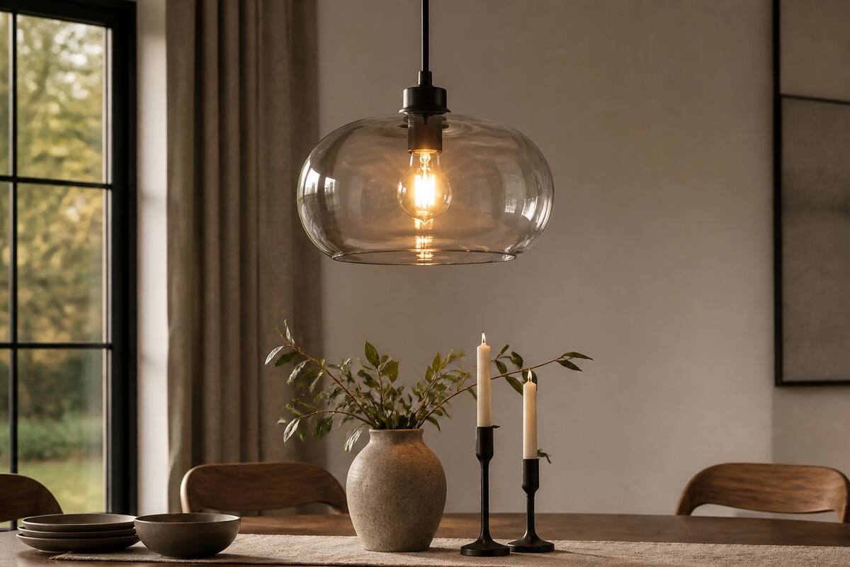 Een realistische glazen hanglamp boven een eettafel met warm diffuus licht