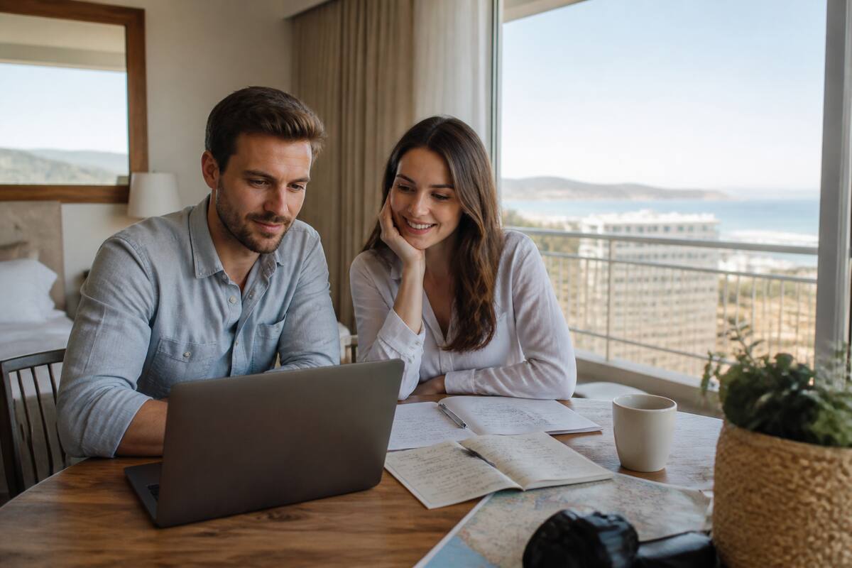 Koppel maakt vakantieplannen en vergelijkt opties aan een tafel met laptop en reisnotities