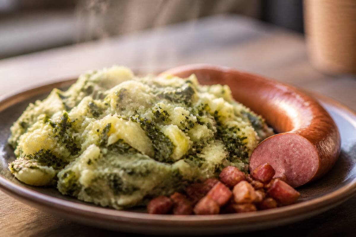 Dampende stamppot met smeuïge aardappelpuree en groente, klaar om te serveren
